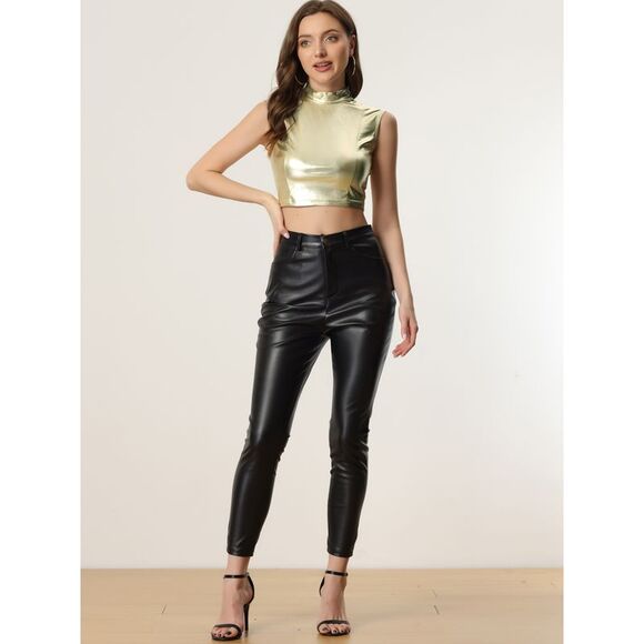 Metallic Crop Top Shiny Sleeveless Holographic Tank Tops Light Gold - Picture 4 of 5